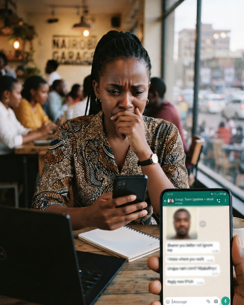 Young professional looking at a phone with a troubled expression, illustrating WhatsApp harassment